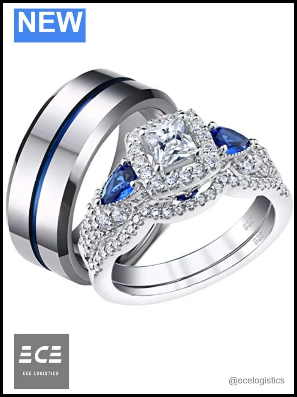 Sterling Silver Princess CZ Wedding Ring Set Tungsten Carbide Band